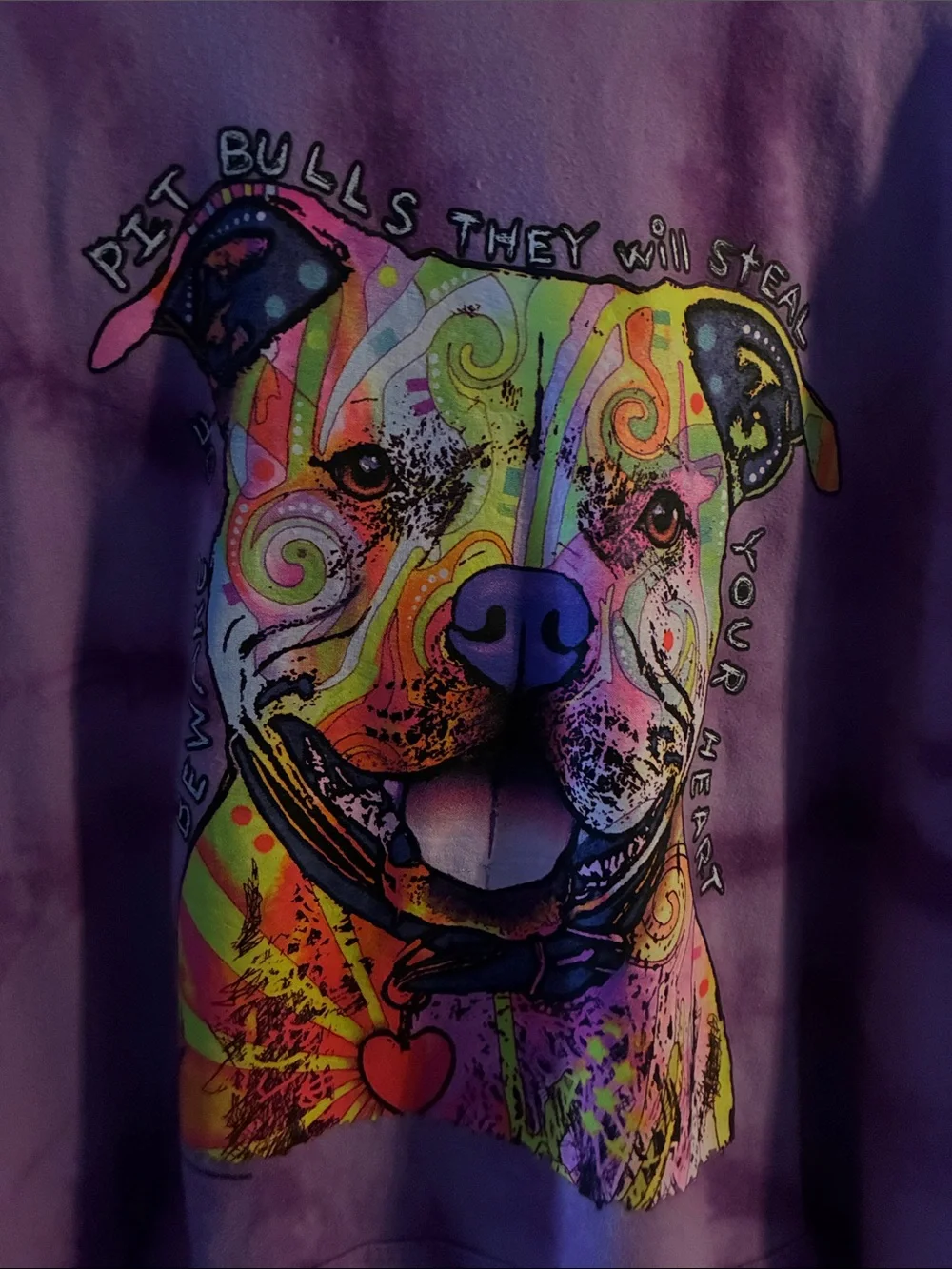 Purple Tie-Dye Dog Hoodie with Colorful Pit Bull Graphic